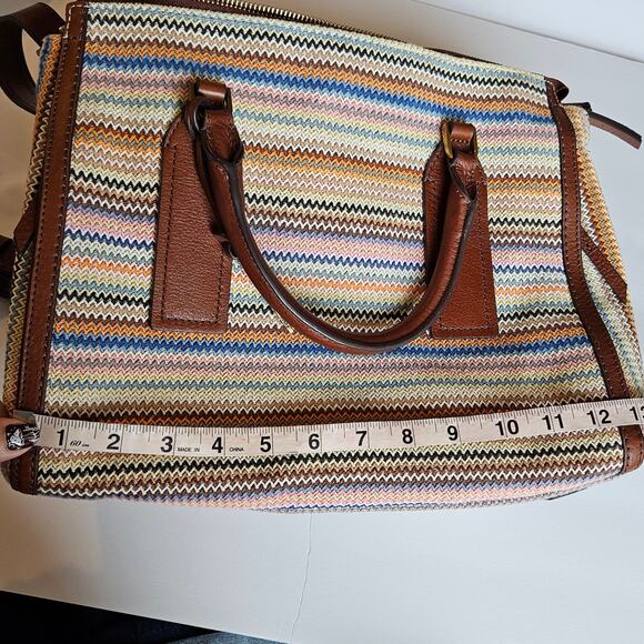 Fossil Parker Leather Satchel Purse Handbag Zig Zag Colorful Stripes Boho - Picture 8 of 12
